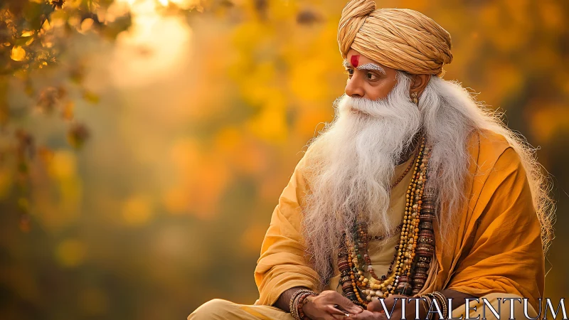 Autumn-hued elder mystic in contemplative outdoor portrait.