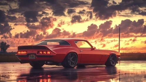 Classic muscle car glows against a dramatic sunset sky