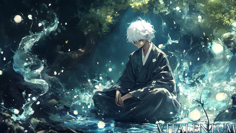 White-haired monk sits in glowing forest pool at night