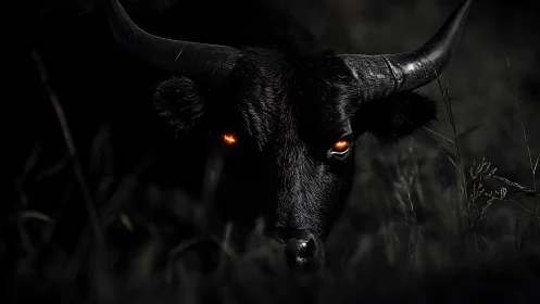 Midnight bull emerging with ominous ember-bright eyes.