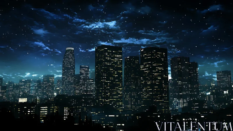 Nocturnal high-rise skyline glows under a star-laden sky