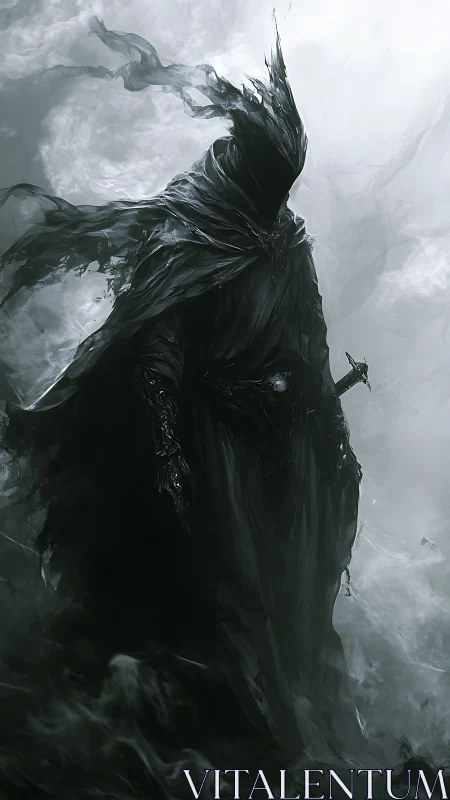 Hooded humanoid figure stands in swirling monochrome mist