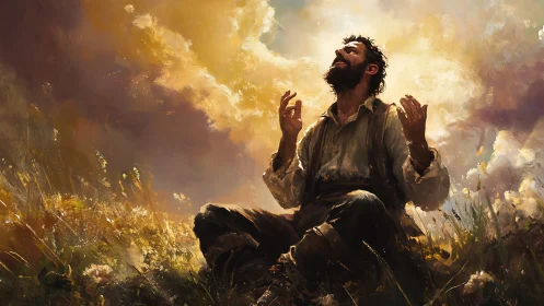 Man kneels in sunlit meadow, uplifted toward glowing sky