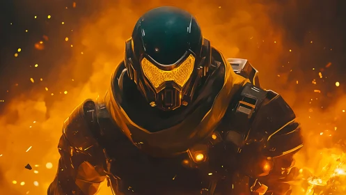 Armored figure advances through dense orange fire and smoke