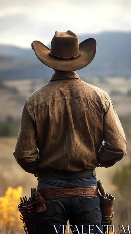 Rear-view cowboy with tooled leather gun belt in soft depth haze