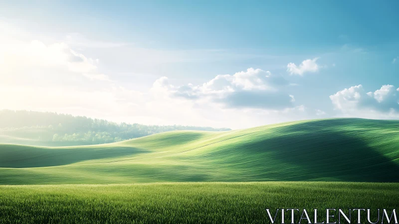 Sunlit green hills extend under a clear blue morning sky