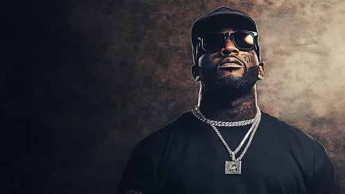 Confident streetwear style with bold chains and cool shades.