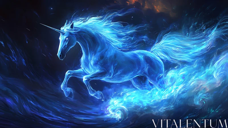 Luminous blue unicorn rendered in swirling energy field.