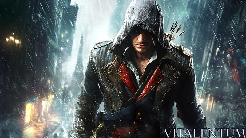 Hooded armed figure walks through rain in neon lit city street