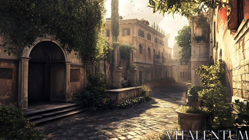 Sunlit Italian courtyard with high-detail 3D architectural rendering