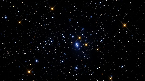 Star field with dense blue cluster in deep black sky.