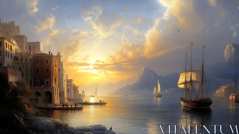 Sunlit harbor with sailboats in romantic digital painting style.