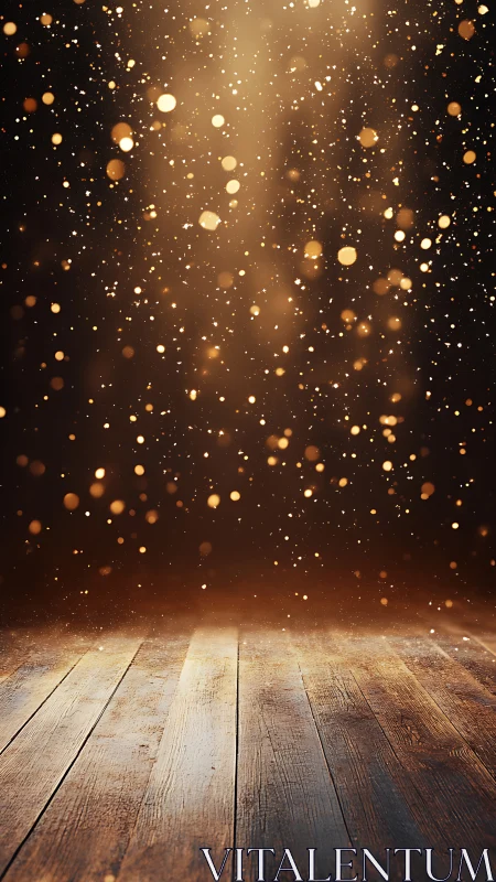 Golden bokeh dust above rustic wooden stage floor.