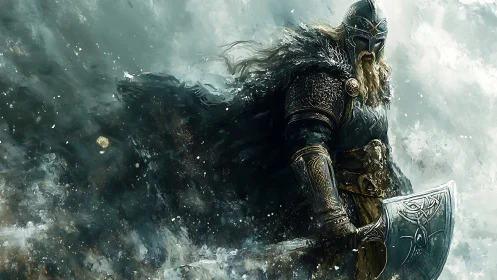 Storm-forged Viking warrior stepping from the swirling mist.
