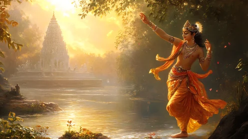 Radiant river dance before sunlit temple sanctuary.