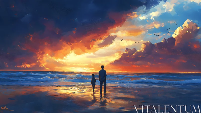 Stormlit shoreline stroll under a blazing watercolor sky.