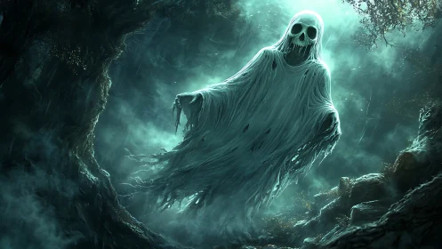 Spectral wraith drifting through misted haunted forest.