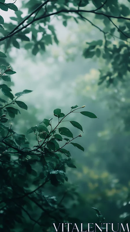 Verdant Branches Frame Misty Forest Depths.