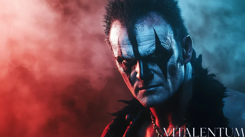 Warpainted antihero stalks through red and blue battle fog.