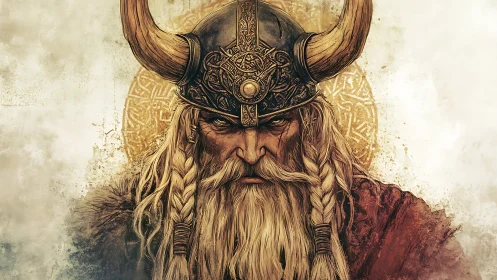 Storm-eyed Viking warlord gazes forward with fierce resolve