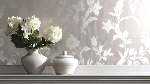 Soft hydrangeas and porcelain calm on a sunlit mantelpiece.