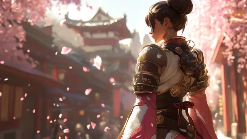Armored woman stands in cherry blossom lined traditional street