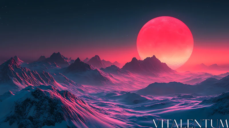 Irradiated glacial mountain range under oversized crimson moonlight