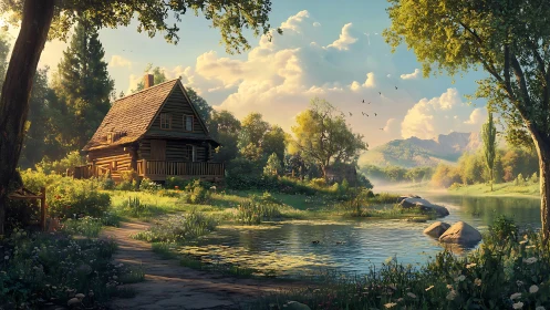 Sunlit log cabin beside tranquil river in green valley.