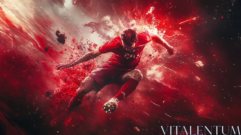 Dynamic football striker exploding through red particle field