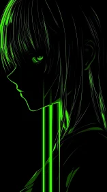 Side profile silhouette shows neon green anime character