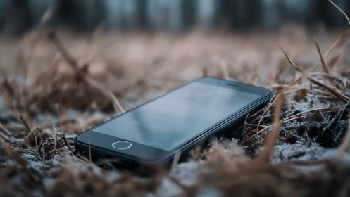 Lost Smartphone Buried in Frost-Covered Forest Ground.
