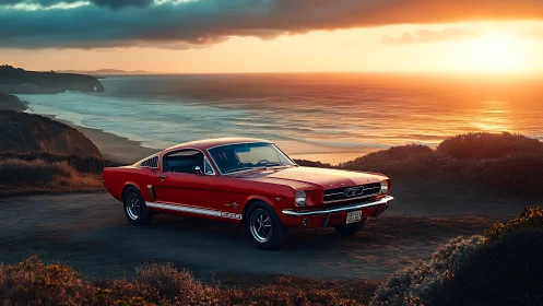 Red classic Mustang coupe in cinematic sunset coastal light.