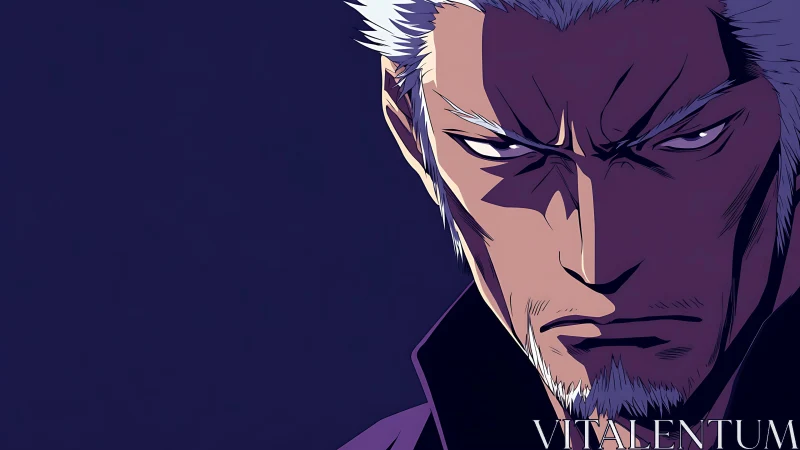 Stoic silver‑haired warrior in hard-edged anime chiaroscuro.