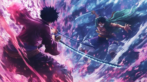 Sword-wielding anime warriors clash amid blazing sky energy.