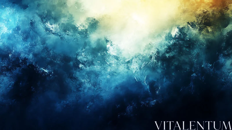 Abstract Ocean Waves in Blue and Golden Light Digital Painting.