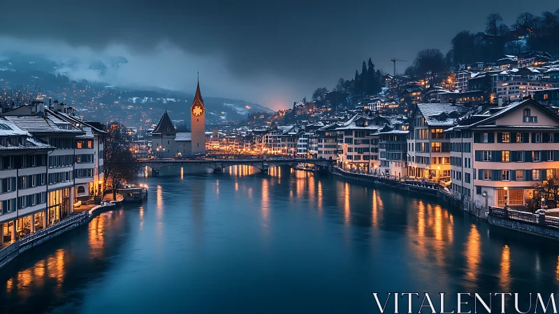 Snowy riverside town at dusk with lit clock tower skyline.