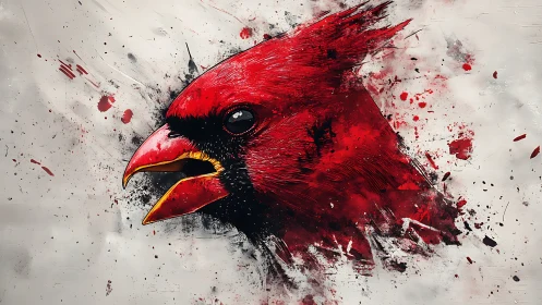 Fiery red cardinal bursting from a whirlwind of splashes.