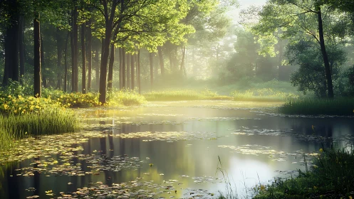 Misty Forest River with Morning Light.