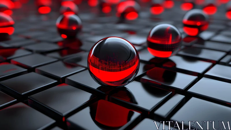 3D reflective red spheres on modular black grid plane surface.