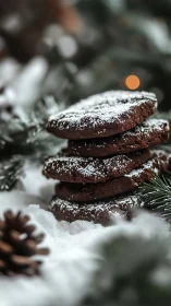 Snow-dusted chocolate cookies amid winter pine bokeh.