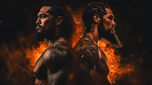 Two Men Back-to-Back in Fiery Inferno Atmosphere
