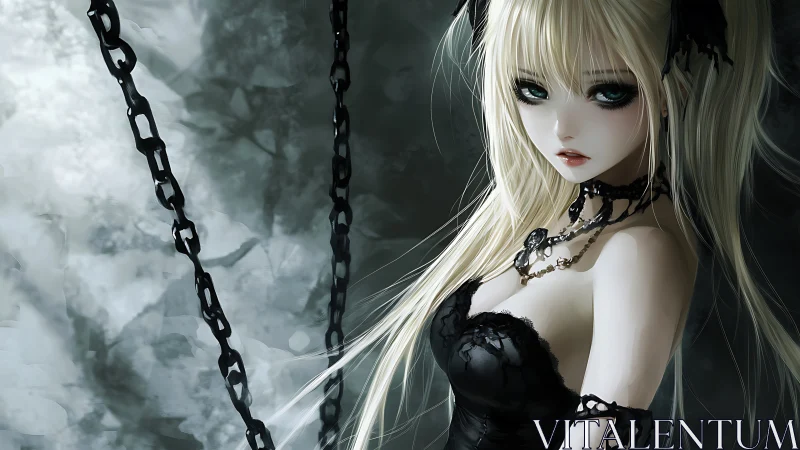 Gothic blonde anime girl amid suspended black chains.