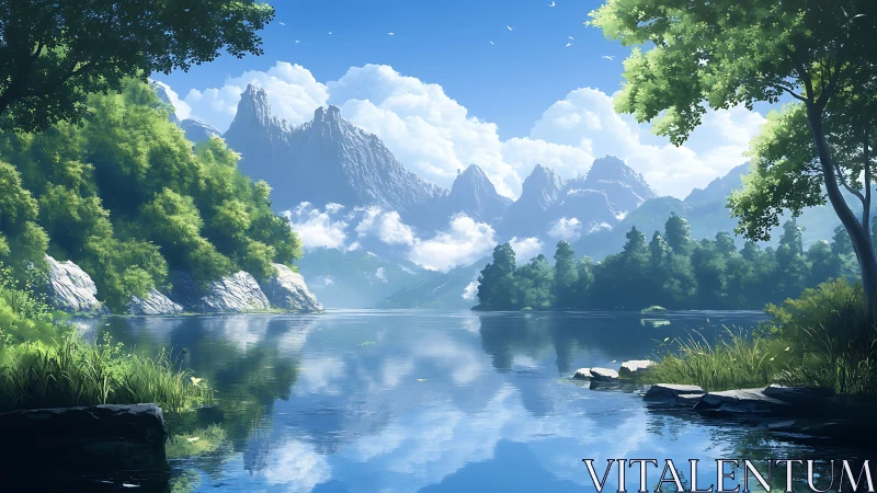 Quiet mountain lake invites calm reflection under soft skies