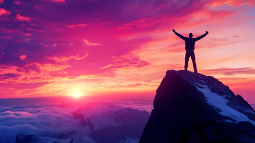 Silhouette on mountain summit against vivid sunset sky.