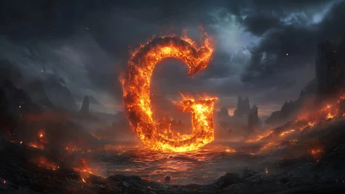 Massive flaming letter G dominates apocalyptic landscape with fire