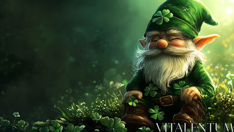 Smiling forest gnome resting in a sunlit clover meadow.