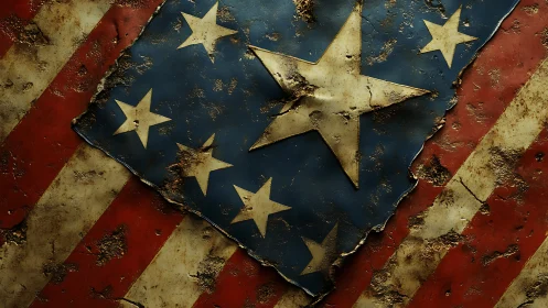 Weathered metal flag fragment shows corroded stars and stripes