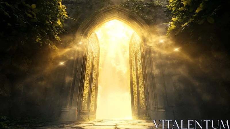 Luminous stone archway with golden portal light and foliage
