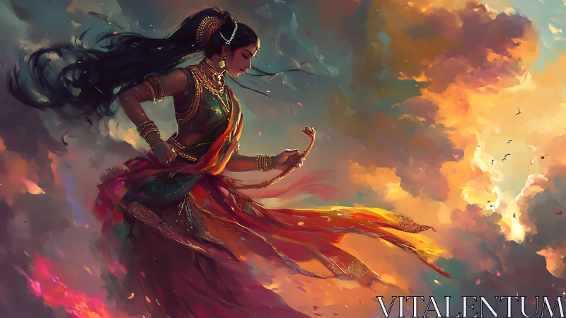 Ethereal dancer strides through radiant, storm-swept sky