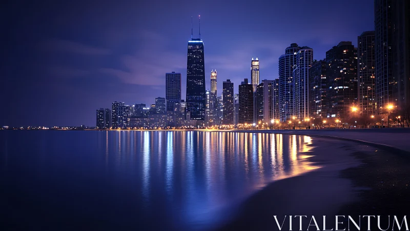 Nocturnal shoreline skyline with specular urban reflections.